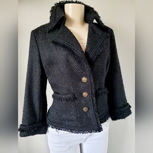 New York & Company Tweed Black/Gold Metallic Textured Fringe Blazer Small